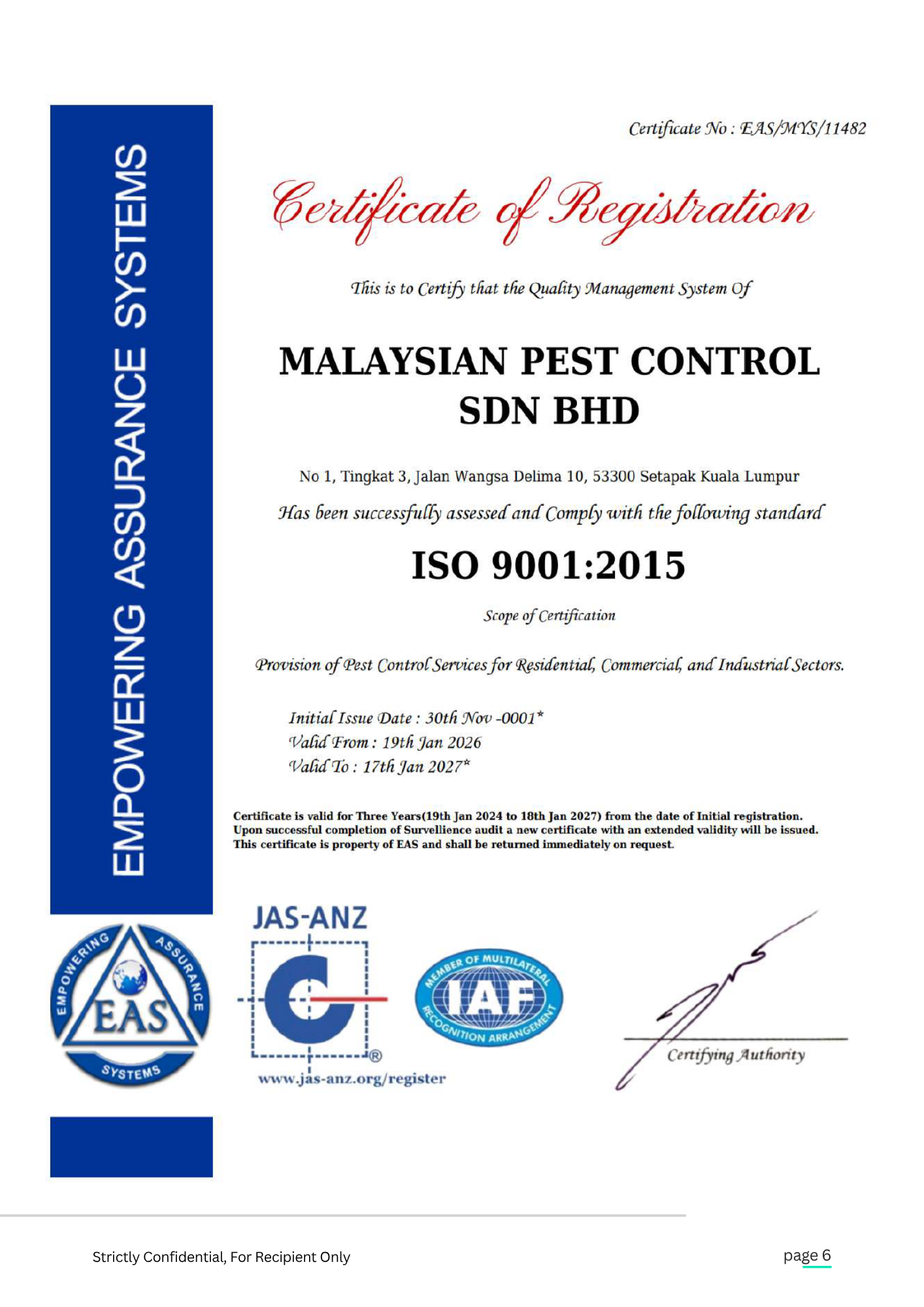 Malaysian Pest Control ISO 9001 Certificate, valid through 2027